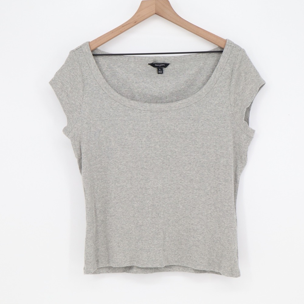 Banana Republic Top Womens L Ribbed Knit Scoop Neck Grey Short Sleeve Excellent